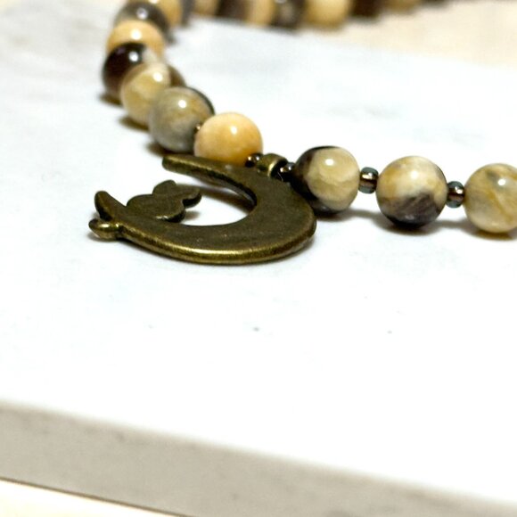 Genuine Earthy Septarian Stone Bronze Cat on the Moon Beaded Short Necklace - Picture 6 of 12